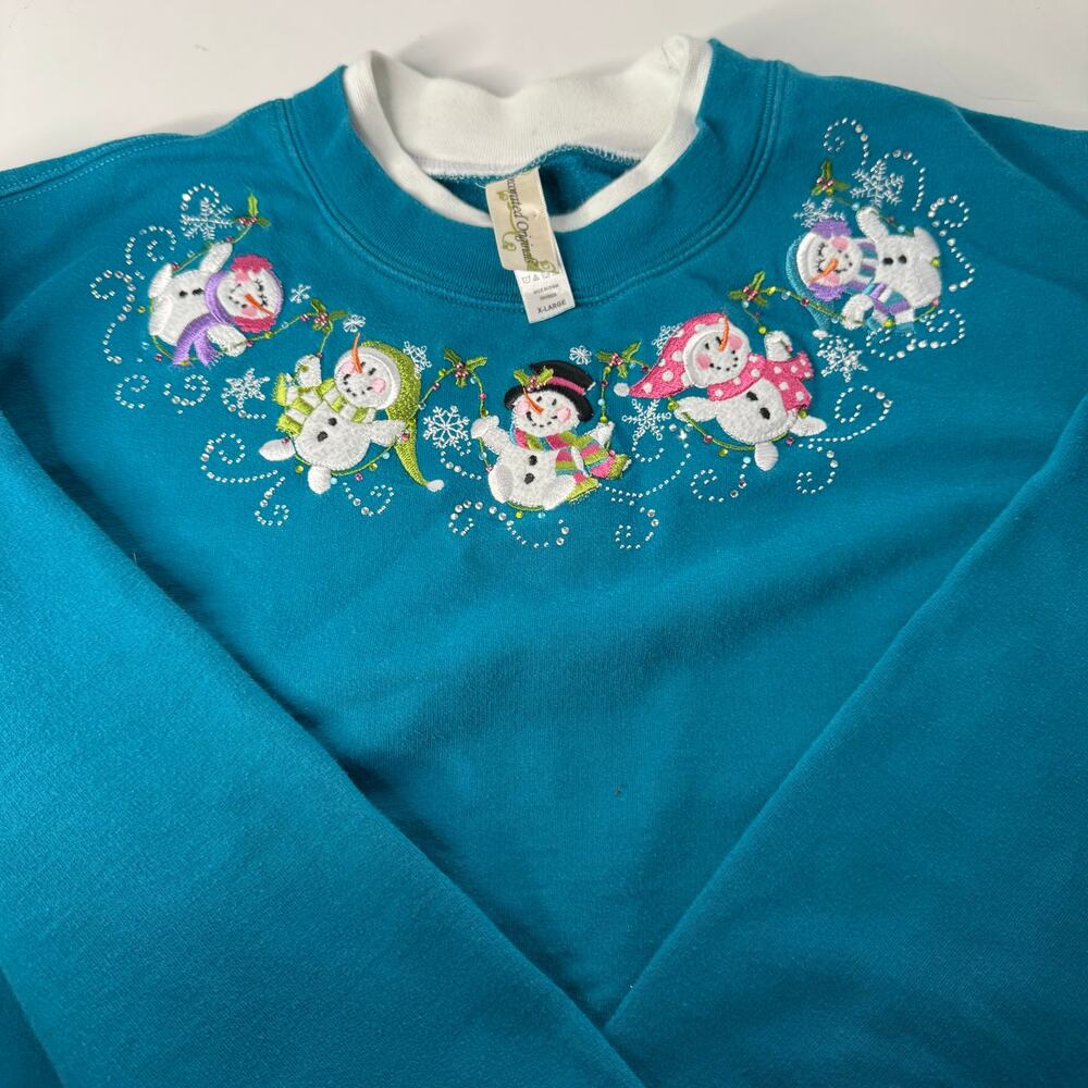 Decorated Originals Blue Long Sleeve Snowman Embroidered Sweatshirt Women's XL